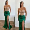 Trägerlose Grüne Kleider Pailletten Meerjungfrau Prom Top Formal Abendkleider elegante Falten Partykleider für besondere OCNS Split Robe de Soiree Es