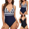 Swimwear 2024 Swimsuit Sexy Couleur Blocking Summer Summer Saut-Juin sans fonte Deep V Stripe
