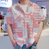 القمصان غير الرسمية للرجال تلميح قميص قصير الأكمام النمط الهندسي النمط هاواي شاطئ الذكور للرجال زر الطية صدر السترة