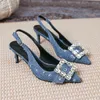 Damen Damen Katzen 2024 Lederkatze Heels Sandalen Sommer Freizeitpäuse Zehen Spitze Hochzeitskleid Gladiator Schuhe Diamant Jean Denim Buckle Knöchelgurt Siz