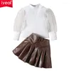 Clothing Sets IYEAL Fashion Girl Clothes Elegant Outfits Princess Kids Turtleneck Tops T-shirt PU Skirts Suits Children's