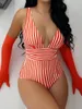 Swimwear femminile 2024 Striped One Piece Swimsuit Vintage Women V-Neck Bareding Sumping Sumping Body Summer Beachwear Body