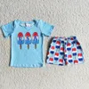 Kleding sets groothandel babyjongen 4 juli zomerset kinderen peuter borduurwerk katoenhond vlag blauw shirt kinderen baby plaid shorts outfit