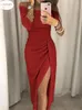 Casual Dresses Linxiqin 2024 Women's Off Shoulder Long Sleeve BodyCon Evening Party Dress Asymmetrical Split Pencil S M L XL XXL