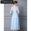 Casual Dresses Ilyboojun Fashion Runway Designer Women's Round Neck Bow Tie Långärmning Vintage Tulle Slim-Fit Stängd midja spetsklänning