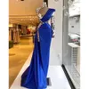 Blauwe Afrikaanse avond kristaljurken Royal Aso Ebi Mermaid Prom jurk One Long Sleeve formele jurken voor vrouwen