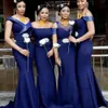 African Royal Blue 4 Styles Mermaid Bruidsmeisje Jurken Off Shoulder Satin Maid of Honor Toge Lengte bruiloft Gast Gast Jurk Vestidos 0430