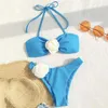 Damen Bikini Bikini Set Sexy Blue 3d Flower Bandaus 2024 Mujer Badeanzüge Frauen zurück Badeanzug Thong Biquinis