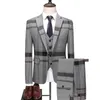 Mens Wedding Plaid Blue Gray Blazers Jacket Pants Vest 3 Pcs Set Slim Fit Business Tuxedo Dress Classic Formal Suits Coat 240430