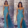 Lake Blue Sheath Evening Dresses Elegant Fabulous Sequins Pärlade älskling Crystal Prom Dress Lår delade formella klänningar för kvinnor