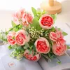 زهور زخرفية الورد الوردي الحرير الخيال الفاوانيا باقة الزهرة الاصطناعية 5 رؤوس كبيرة وبراعم لزينة الزفاف المنزل