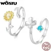 Band Rings WOSTU 925 Sterling Silver Yellow Sunflower Open Ring Clover Adjustable Turquoise Womens Wedding Party Jewelry Gifts Q240429