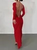 Casual jurken Backless Maxi Dress Elegant Red Red Long Sleeve Sexy Ruched Bodyocn Evening Party For Women 2024 Spring Slim Christmas Outfits