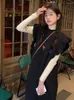 カジュアルドレスoネックドレス甘い女の子ノースリーブ編み秋の暖かいデザインエレガントな3Dプリントフリル韓国スタイルのミディフローラルソリッド