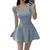Lässige Kleider für Damen, kurzes Puffärmel-Kleid mit quadratischem Ausschnitt, gestrickt, Mini-Stretch-Sommer-Outfits 10CF