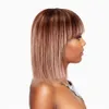 Short Bob Wig With Bangs 100% Brazilian Human Hair Straight 10 Inch Ombre Brown With Blonde Highlights 4/27 130% Density Glueless Machine Made With Razor Comb With Wig Cap