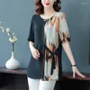 Frauenblusen elegant O-Neck-Druck Verband Asymmetrisch Chiffon Frauen Kleidung 2024 Sommer Lose Casual Tops Büro Hemd