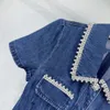 2024 Frühlings-/Sommer Neue High -Definition -Blau -Wäsche -Denim -Flip -Kragen mit Wasser Diamant Exquisites Göttin Kleid