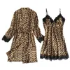 Women's Sleepwear Fashionable And Comfortable Leopard Print Lace Trim Pajama Set With Three Pieces Hanging Bag