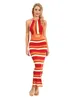 Casual Dresses Women Striped Print Knit Dress Sleeveless Spaghetti Strap Sweater Tie Halter Neck Boho Bodycon Long