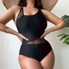 Menas de banho feminina S - XL Sexy Splicing Mesh Sheer Women One Piece Swimsuit Feminino Alta Perna Corto Bather Bathing Made V5561