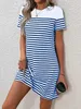 Basic Casual Dresses Leisure fashion classic striped short sleeved solid color matching T-shirt summer round neck dress womens blue Y240429