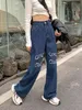 Designer Frauen -Denimhose Beine Blau gerade Designer Hosen Klassische Damen Jeans Faden ausgehöhlten Buchstaben Grafikhosen