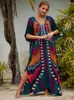 Partykleider 2024 Multikolored Kaftan Bohemian bedruckte V-Ausschnitt Batwing-Amele Maxi Kleid für Frauen Sommer Beach Kleidung Q1342