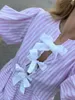 Kvinnors träningsdräkter kvinnor korta uppsättningar randig puffhylsa bindningsbågsskjorta med elastiska midjeshorts sommarutrustning avslappnad lounge