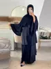 Etniska kläder eid abayas för kvinnor muslimska satin 3 lager jalabiya ramadan robe tårta klänning kaftan långa klänningar vestido largo cardigan