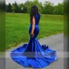 Prom Blue Sexy Royal Mermaid Veet Sheer Neck Beads Crystal ASO ASO EBI Vestido de fiesta de graduación Vestidos formales Rente de Bal