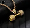 Hip Hop Iced Bling Touwketen Barbell Gym Fitness Dumbbell Gold Color Hand Pendanten Kettingen voor mannen Sieraden 2010131519571