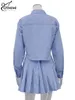 Oymimi Elegante blauw gestreepte afdruksets voor vrouwen 2 stuks mode mode met lange mouwen knop tops en hoge taille geplooide rokken set 240426