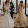Elegant Off Shoulder Mermaid -jurken Appliques Ivory Lace Beige Tule Bridal Wedding Jurys Plus Size Bruid Dress Vestido de Noiva 0431