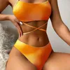 Swimwear Women 3PCS / Set Femmes Sexy Bikini Set Tie-Dye Print Sling Bra High Waist Brief