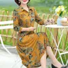 Casual jurken van middelbare leeftijd oudere dameskleding Spring Summer Fashion Print Elegant Rapel 3/4 Sleeve Slim Midi Dress Vestido