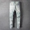 Men Crystal Trous Ripped Patchwork Jeans Streetwear Blue Bleu Denim Slim Skinny Pantalon Pantalon Pantalon 240420