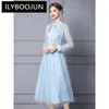 Casual Dresses Ilyboojun Fashion Runway Designer Women's Round Neck Bow Tie Långärmning Vintage Tulle Slim-Fit Stängd midja spetsklänning