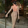 Casual jurken avondjurk vrouwen elegante pailletten diep v lange mouwen midi sexy luxe backless veter omhoog enkel lengte bandage feestjurk