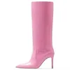 Boots mode spetsiga tå knähöga kvinnor super klackar botiner patent tunna botas largas de mujer plus storlek skor