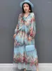 Abiti casual Qing MO 2024 Primavera estate in chiffon blu vestito stampato Fairy Air Skirt Long-Neck Sleeves Fashion ed elegance WZT024