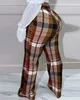 Kadın Pantolon 2024 Sonbahar Zarif Moda Yüksek Bel Damalı Baskı Gündelik Mizaç İşe Gidiş Çok Yahudi Uzun Pantolon