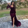 Elegant Bury Mermaid Veet Evening Dresses Sweetheart Long Sleeves Prom Gowns High Side Split Sweep Train Formal Dress Custom Made 0430