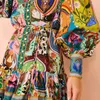 Lässige Kleider stilvoller böhmischer Schnürmini-Kleid Einerbrust Court Shirt Party Herbst Vintage Print Long Sleeve