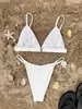 Kvinnors badkläder Bikini Set 2024 White Triangle Swimwear White Ribbed Pearl Strap Push Up Micro Swimsuit Beach Bathing Suit Thong Swimming Outfit Y240429