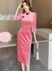 Casual jurken 2024 Pink Velvet Jacquard Floral Midi Dress Autumn Winter Koreaanse vintage chic boog feestvestidos vrouwen elegante bodycon