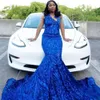 Royal Blue Pargin Mermaid Prom Dresses 2024 Sheer Neck Plus Size Beads Birthday Party Jurken for Black Girls Backless African Women Vestidos de Gala 0431
