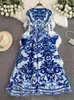 Повседневные платья синие и белые фарфоровые платье Miyake Женщины O-образные модные винтажные принт свободного негабаритного размера a-line rabe vestidos 9412