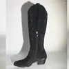 Stövlar enda tillverkare kvinnor pekade tå svart strass knä hög västerländsk cowgirl glitter glänsande block häl lady booties