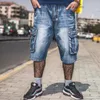 Erkek Şort Kot pantolonlar yaz çok cepli mavi denim sokak kıyafeti gevşek büyük boy düz